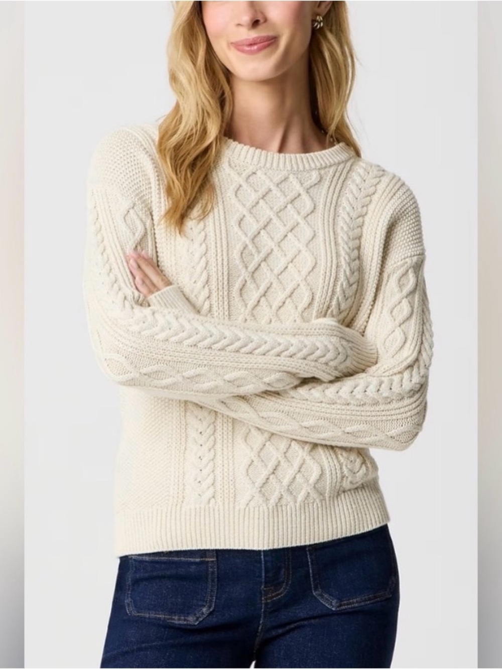 J Crew Factory Cable Knit Crew Neck Sweater NWT Cream Cotton-Blend Classic L